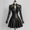 Women's Pleated A-line Dress PU Leather Lace Patchwork Long Sleeve Zipper Mini Dress High Street Casual Elegant Y2K Chic Dress