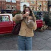 Beige Faux Suede Women Jacket Fur Collar Cuffs Trim Button Front Coat Vintage Western Cowgirl Style Warm Winter Outerwear