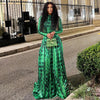 Women's Retro Print Turtleneck Long Sleeve Waistband Pleated Big A-Line Long Dress