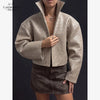 Beige Croc Leather Cropped Jacket Y2k Stand Collar Long Sleeve Wide Cuff Oversize Coat Autumn Street Daily Casual Outerwear