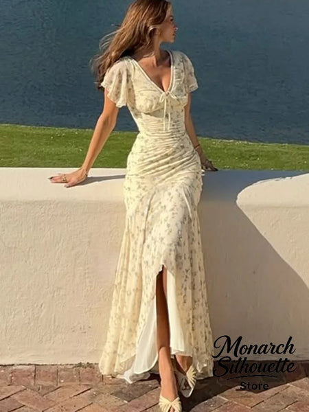 Floral Printed Chiffon Long Dress Women Chic Deep V-neck Lace Patchwork Mini Sleeves Slim Fit Dresses Lady Daily Wear