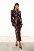 Women Burgundy Croc Faux Leather Notched Lapel Slim Fit Blazer Jacket Single Breasted Long Sleeve Elegant Office