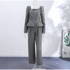 Elegant Woolen Top Pants Women Sets Chic Long Sleeve Slash Neck Pleated Blouse Straight Trousers Autumn Winter Lady Suit