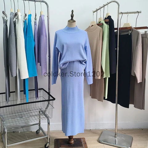 Women's 2 Piece Outfits Turtleneck Sweater Skirt Sets Long Sleeve Oversized Tops Matching Maxi Skirts Knit Fall Dress Sets