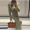 Elegant Commute Women's Long Skirt Suit Stand Neck Full Sleeve Slim Cropped Blazer Jacket Split Skirts Lady Solid Outfits