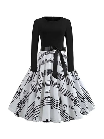 Harajuku Vintage Woman Music Note Print Elegant Party Dress Casual Women's Retro Long Sleeve Spring Autumn Midi Dresses