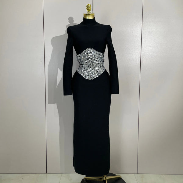 Elegant Sparkly Diamonds Long Sleeves Bodycon Long Bandage Dress Women Evening Prom Birthday Party Wedding Guest Gowns