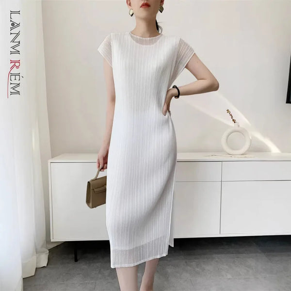 White Textured Pleated Women's Dress Raglan Sleeve Round Neck Side Slit Casual Formal Sheer Dresses Spring
