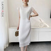 White Textured Pleated Women's Dress Raglan Sleeve Round Neck Side Slit Casual Formal Sheer Dresses Spring