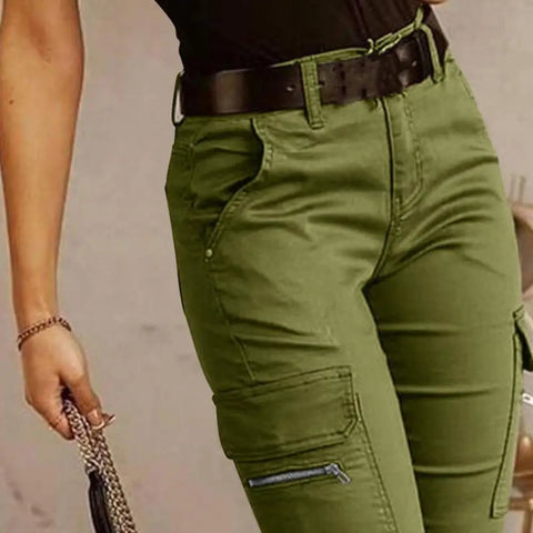 Woman Work Trousers Spring Autumn Casual Multi-Pocket Tight Foot Trousers Low-waist Button Solid Color Women's Leggings
