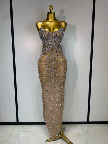 Rhinestones Sexy Mesh See Through Bodycon Dress Women Birthday Evening Cocktail party Gown Red Carpet Club Stage Outfit