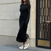 Spring Autumn O-Neck Elastic Knit Long Dresses Women Elegant Chic Soft Lady Hollowing Sweater Dresses Femme