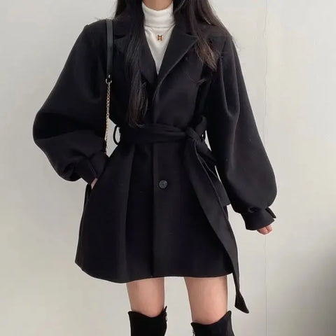 Women Woolen Coat Cinched-Waist Autumn Winter Tweed Sashes Lantern Sleeve Solid Color Coat Women's Clothing