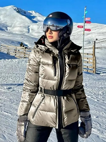 Women Winter Hooded Down Jackets With Belt Lady Warm Thick Long Sleeve Stand Collar Parkas Padded Coats Sports Ski Outdoor