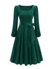 Red Velvet Christmas Elegant Party Women Dress Square Neck Long Bishop Sleeve Autumn Winter Belted Swing Dresses