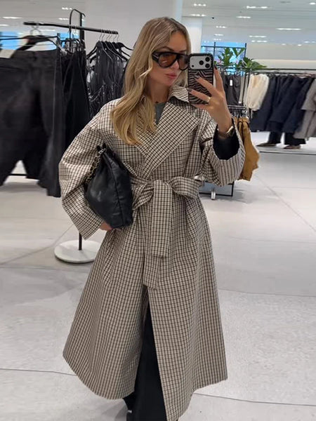Women Casual Plaid Windbreaker Turn-down Collar Long Sleeve Belt Waist Jacket Spring High Street Lady Commute Coat