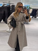 Women Casual Plaid Windbreaker Turn-down Collar Long Sleeve Belt Waist Jacket Spring High Street Lady Commute Coat