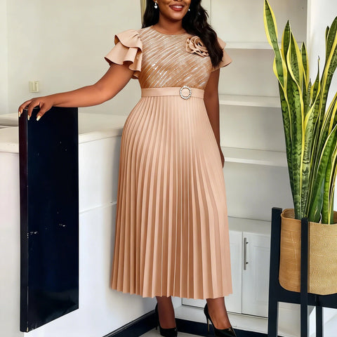 Elegant Women A Line Dress O Neck Ruffles Sleeves Sequin 3D Flower Pleated Hem Events Party Church Wedding Guest Ceremony Wear