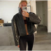 Autumn Women Croc Embossed PU Leather Jacket High Neck Zip Up Oversize Loose Cropped Coat Long Sleeve Street Lady Outerwear