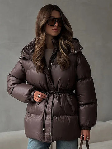 Hooded Cotton Coats For Women Winter Autumn Elegant Long Sleeve Drawstring Waist Jackets Street Lady Chic Outerwear