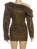 Sexy Furry PU Patchwork Dress Women Zip Diagonal Collar Tierred Ruched Irregular Full Sleeve Winter Streetwear