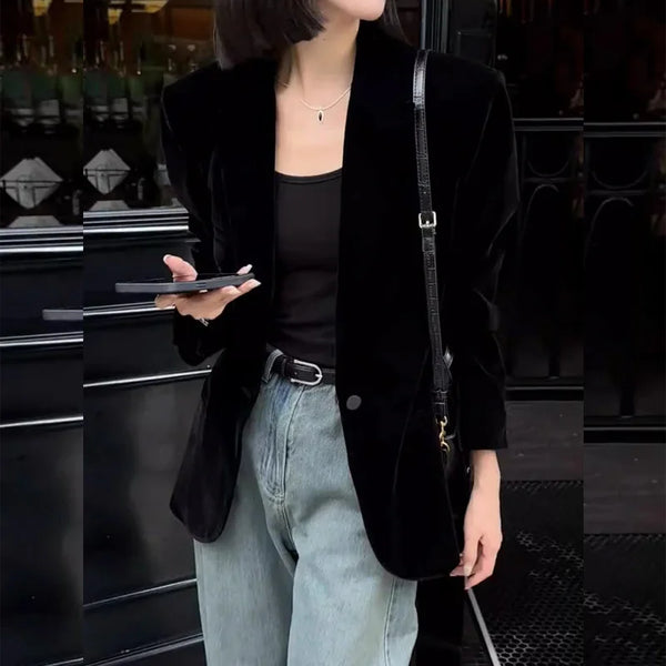 Autumn Black Velvet Women's Blazer Long Sleeve Single Button Casual Loose Temperament Suit Top Female Outerwear