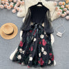 Senior Knitted Patchwork Dress Long Lantern Sleeves Bow Mesh Embroidery Floral Women Autumn France Elegant Party Dress