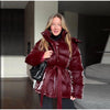Chic Shiny Hooded Cotton Jacket With Belt Women Elegant Long Sleeve Zipper Lace Up Coats Lady Winter Street Warm Outerwear