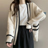 Autumn Vintage Mid Long Sweater Cardigan Woman Preppy Style Contrast Color Knitted Coat No Button Casual Street Open Outerwear