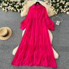 Spring Vintage Loose Dresses Women Lantern Sleeve Turn-down Collar Solid Single Breasted Casual Folds Long Dress