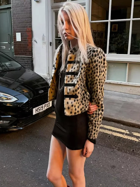 Vintage Leopard Cropped Coat Statement Faux Fur Spotted Jacket Autumn Casual Chic Women Street Outfits