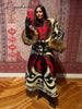 Vintage Ethnic Geometric Print Coat Women Belted Waist Faux Fur Cuff Patchwork Open Front Maxi Robe Autumn Winter Chic Cardigan