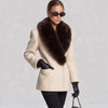 Women Big Faux Fur Lapel V‑Neck Wool Blend Blazer Jacket Double Button Fitted Waist Long Sleeve Elegant Outerwear Coat