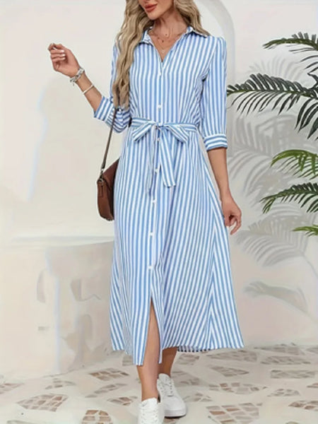 Women Blue White Vertical Striped Shirt Midi Dress Turn Down Collar Button Front Belt Waist Tie Waist 3/4 Sleeve Split