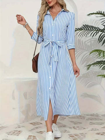 Women Blue White Vertical Striped Shirt Midi Dress Turn Down Collar Button Front Belt Waist Tie Waist 3/4 Sleeve Split