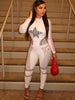 Stars Print 2 Piece Set Women Autumn O-Neck Full Sleeve Crop Tops+Leggings Matching Basic Streetwear Sporty Outfits