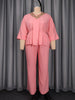 Women Causal Pink Two Piece Set V Neck Appliques Waist Cinching Top Wide Leg Long Pants African Office Party Outfits