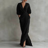Women's Sexy V Neck Wrap Waist Long Dresses Spring Casual Solid Slim Bodycon Hips Dress Elegant Long Sleeve Slit Maxi Dress