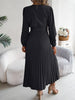 Spring Autumn Elegant Buttons V Neck Lantern Long Sleeve Lace Up Pleated Dress Khaki Blue Red Green Black Women Dresses