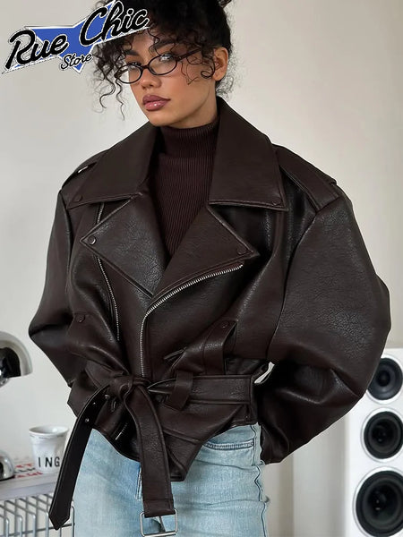 Retro Solid Lace Up Leather Short Jackets Women Chic Lapel V-neck Waist Cinching Cropped Jackets Lady Daily High Street Outwear