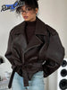 Retro Solid Lace Up Leather Short Jackets Women Chic Lapel V-neck Waist Cinching Cropped Jackets Lady Daily High Street Outwear