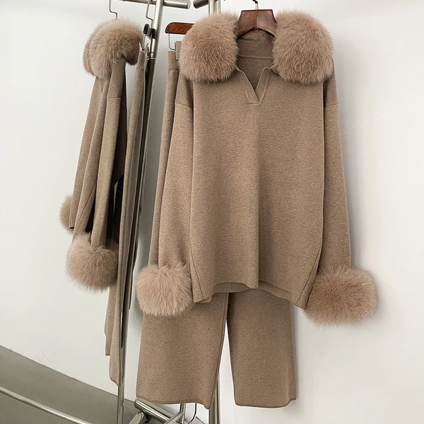 Sweater Real Fox Fur Collar Autumn Winter Clothing Women Sweater Suit Female Raccoon Fur Pullovers Trousers Set Lady