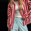Striped Patchwork Scalloped Trim Trousers Women Street Elastic Waist Pocket Panelled Loose Wide Leg Pants Chic Ladies Partywear