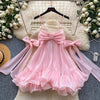 French Sweet Bow Camisole Mini Dress for Women Korean Version Pink Ruffle Edge Sexy A-line Dress T106