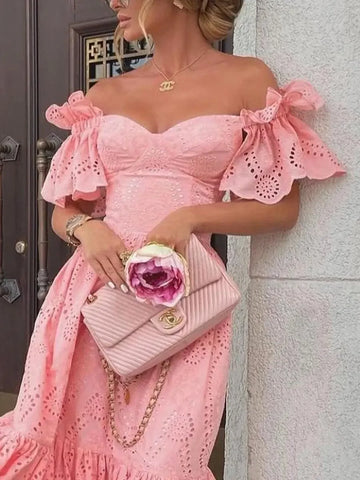 Dress Women Off Shoulder Mid Length Dresses Solid Dot Sexy Splice Tight High Waist V Neck A Line Elegant Slim Fit Vestid
