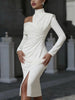 Women's Asymmetrical Off Shoulder High Neck Midi Dresses Long Sleeves Ruched Split-Side Elegant Cocktail Party Dress