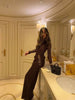 Off Shoulder Lace Satin Maxi Dress Women Elegant Long Sleeve Ruched Bodycon Mermaid Evening Club Party Formal Dress