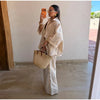 Striped Long Pants Set Color Block Turn Down Collar Three Quarter Sleeve Shirt Wide Leg Bottoms Casual Chic Women Outfits