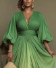Gradient Printed Ruched Dress for Women's Sexy V-Neck Lantern Sleeve Split Hem Formal Evening Party Club Elegant Dresses