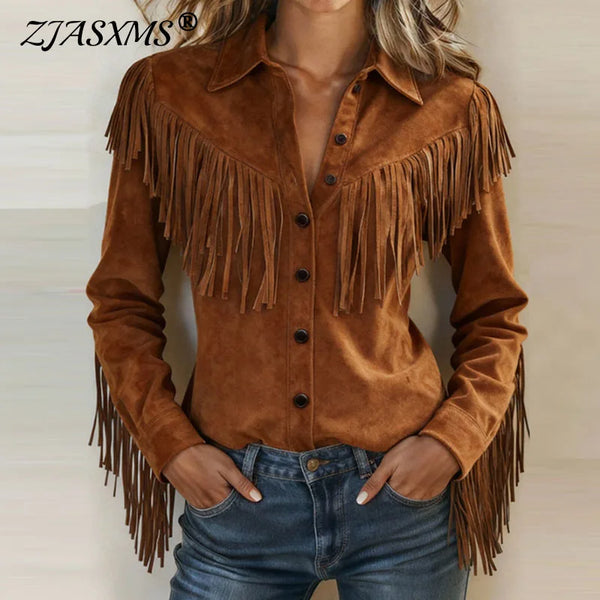 Retro Woman Clothes Spring Turn-down Collar Button Jacket Coats Casual Solid Suede Tassel Top Cardigan Autumn Outerwear